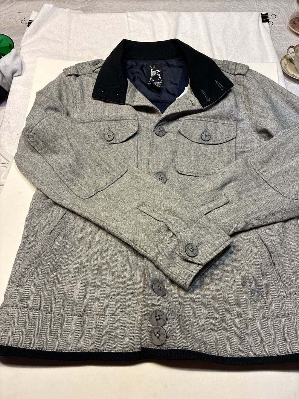 Kane & Unke Men's Gray Herringbone Cotton Military Style Jacket